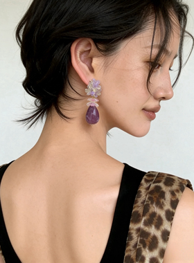 0326新品Atelier Koa 日本手作紫色花朵串珠水滴夏日度假海边耳环