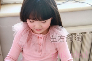 女童韩版春装新款 公主双层纱网大翻领纯棉长袖T恤 打底衫