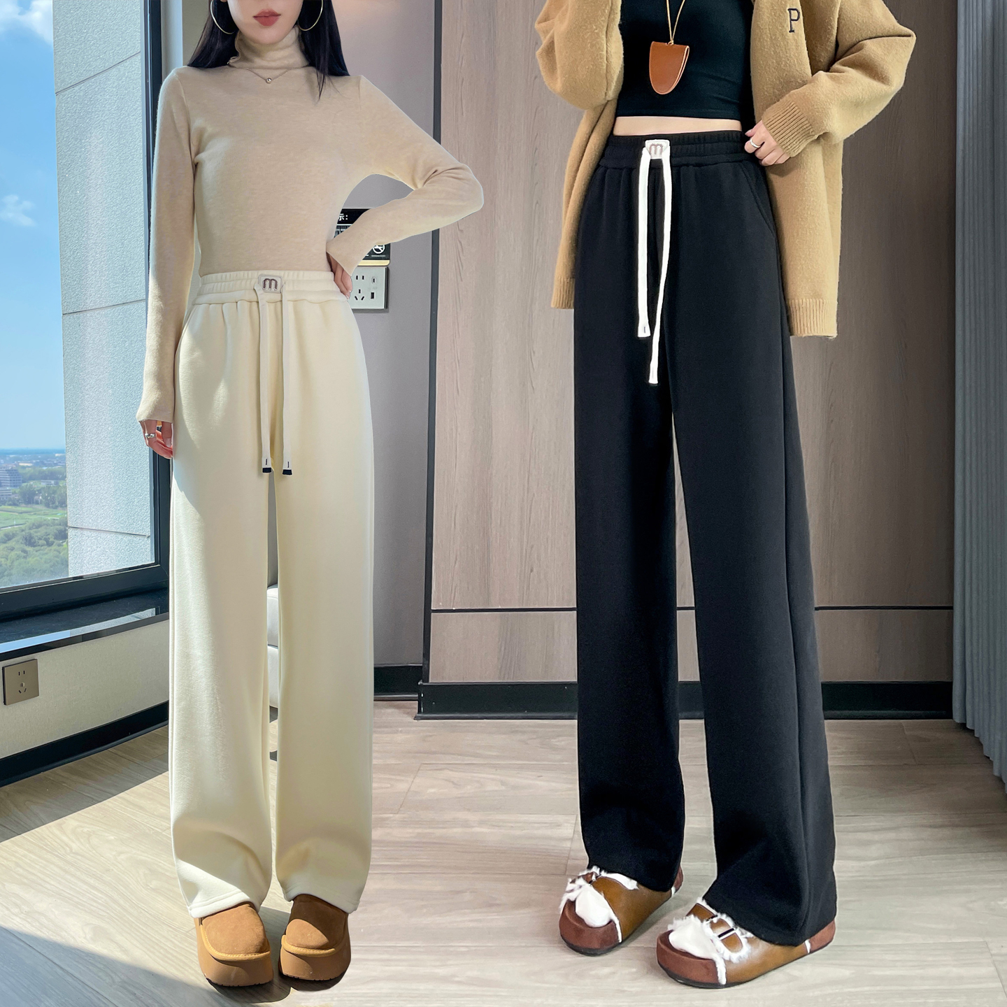 米尼软羊绒窄版直筒阔腿裤女香蕉裤秋冬加绒加厚高腰宽松休闲裤女