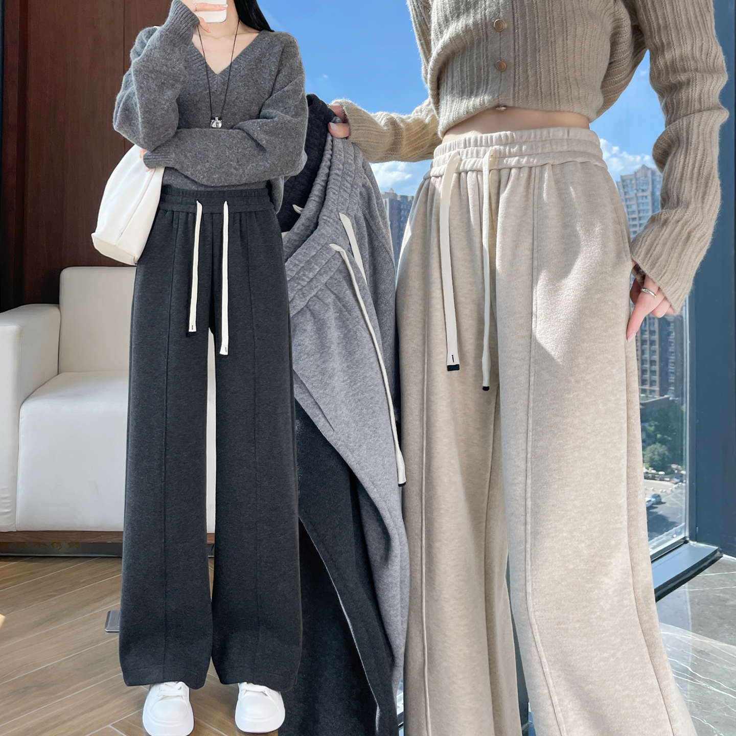 米尼软羊绒阔腿休闲糯米裤女加绒