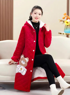 冬季棉衣外套长款过膝加厚保暖棉服女中长款连帽家居服长袍棉袄