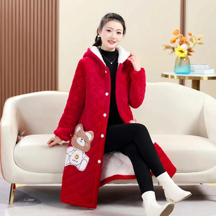 冬季棉衣外套长款过膝加厚保暖棉服女中长款连帽家居服长袍棉袄