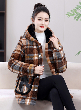 小个子短款连帽豹纹新款妈妈装冬季加绒加厚款外套棉袄女罩衣棉服
