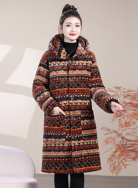 冬天防风连帽中长款棉衣女加厚保暖加绒民族风棉袄时尚外套大衣