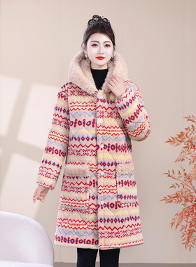 冬天新款条纹连帽中长款棉衣女加厚保暖加绒防风棉袄外套冬季棉服