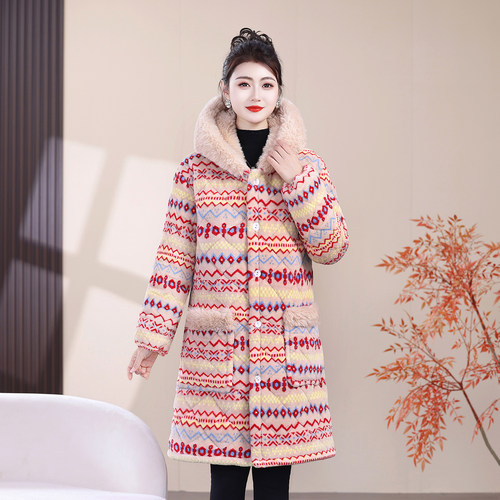 冬季条纹连帽加厚保暖棉服女