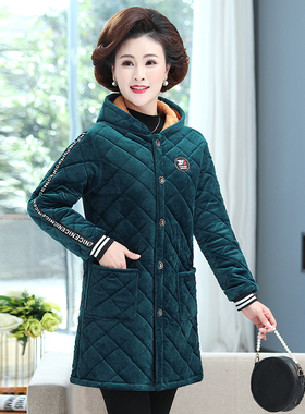 冬季加绒加厚款棉衣棉服罩衣女式金丝绒外套中老年妈妈款带帽棉袄
