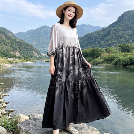 茶歇法式碎花连衣裙女夏季绵绸宽松收腰显瘦棉绸长裙子A字大摆裙