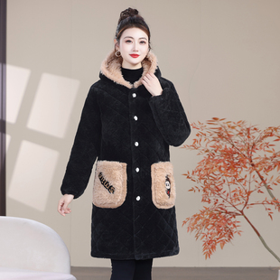 冬天洋气连帽棉服女中长款加绒加厚款菱格纹保暖棉袄通勤棉衣外套