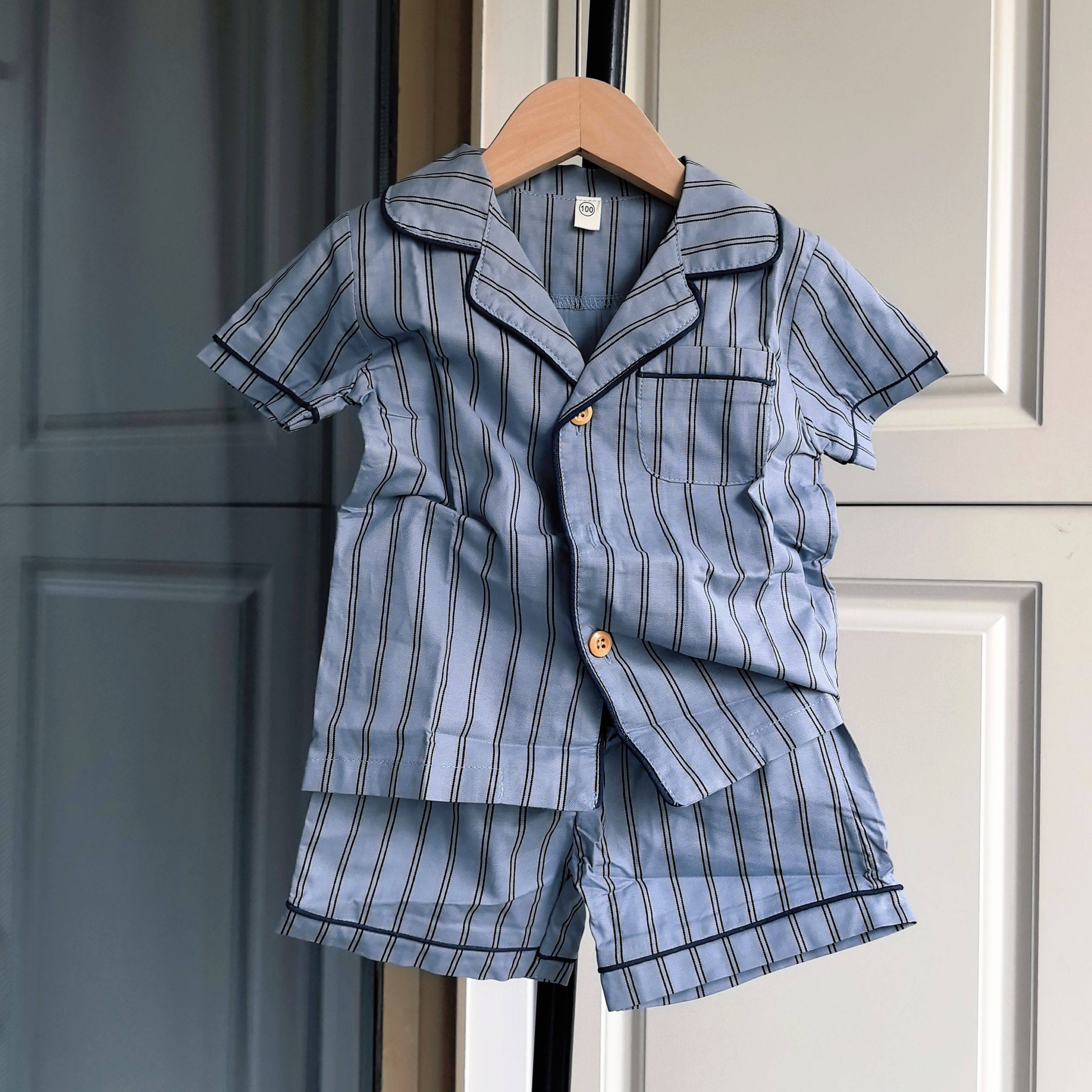 正品男童套装2件式夏季纯棉短袖家居服睡衣古巴领短袖衬衫短裤