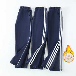 秋冬款通用校服裤小学初中高中生偏胖加宽儿童杠条一体绒运动卫裤