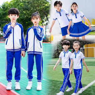 儿童校服套装白蓝拼色短袖体恤衫男女童学生校服班服幼儿园演出服