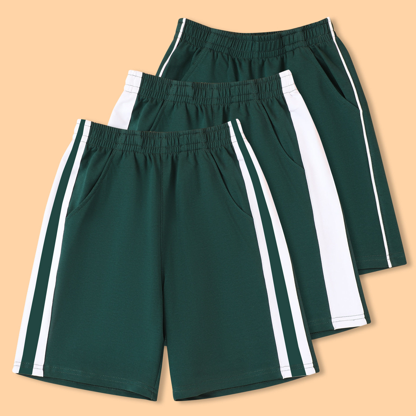 男女童墨绿色运动五分裤学生校裤儿童班服裤白杠条纹双杠短裤校服