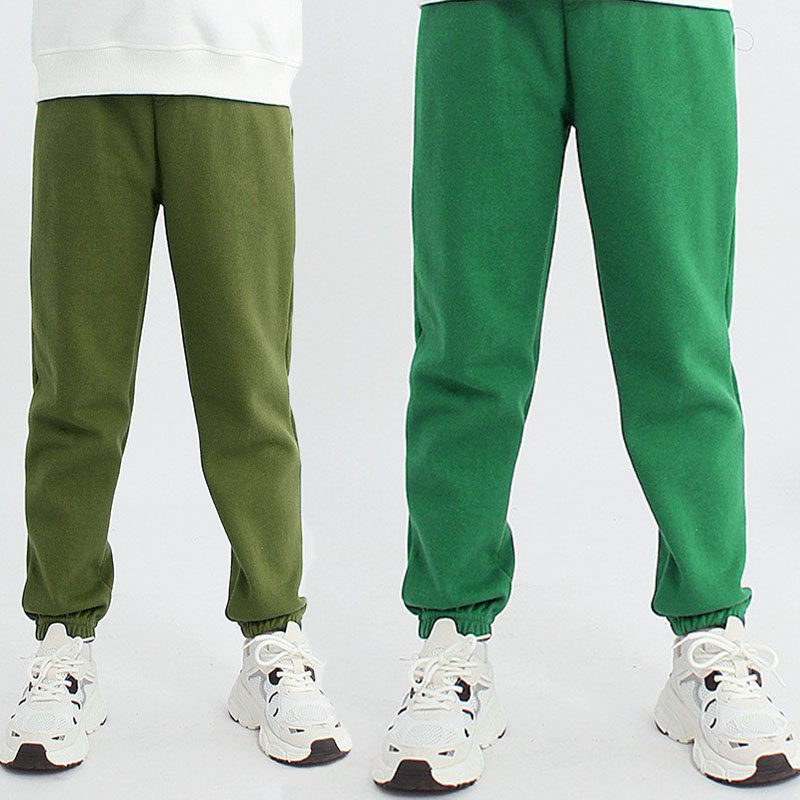 儿童纯棉运动裤男女童休闲长裤子2025秋季毛圈单裤军绿色收口裤潮