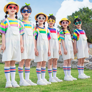 白色背带短裤 幼儿园演出裤 时尚 中裤 帅气 男女童背带五分裤 儿童夏季