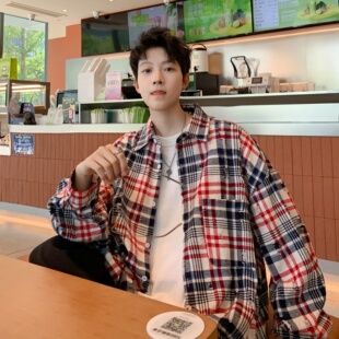 hiphop破洞格纹撞色长袖翻领衬衫美式复古潮牌痞帅炸街衬衣外套男