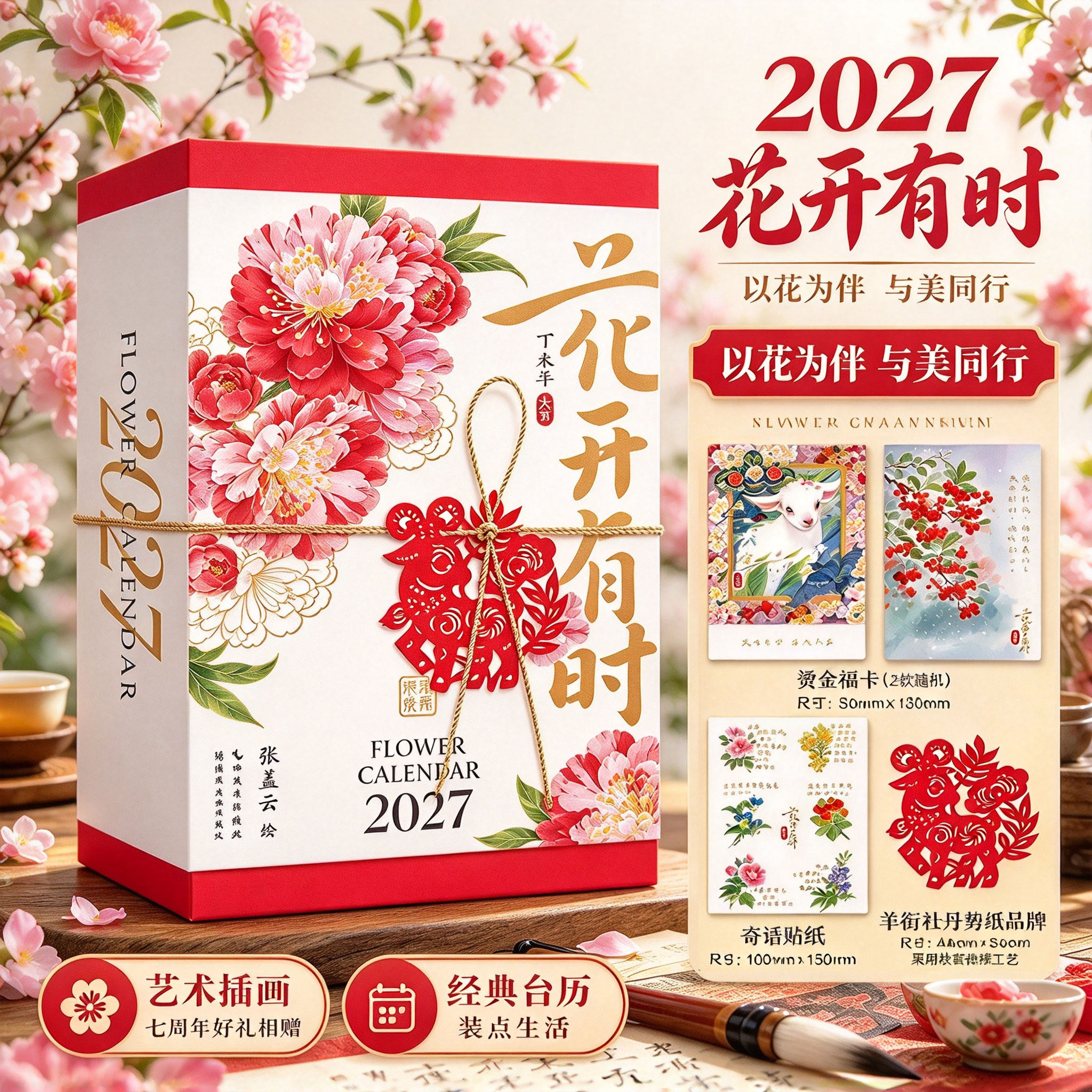 现货赠福卡贴纸】花开有时日历2027年手撕新款羊年创意可撕原创设计ins风台历桌面摆件礼物礼品水彩花卉插画集手账24节气一日一诗