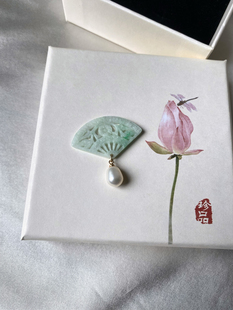 新中式玉质天然珍珠雅致古典扇子胸针 胸花配饰