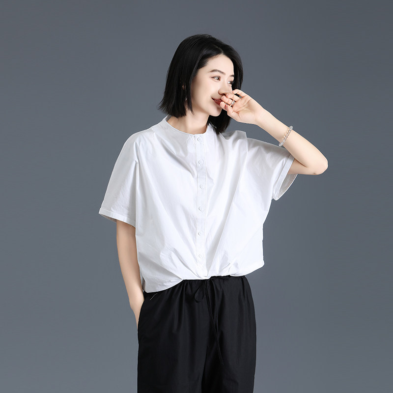 纯棉套头衬衫女圆领宽松慵懒风夏季薄款蝙蝠袖女衬衣洋气高级感