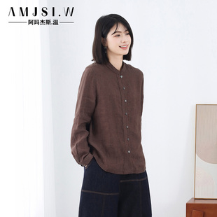 宽松气质休闲汉麻女上衣 原创复古亚麻衬衫 女方领长袖 2025新款 春季