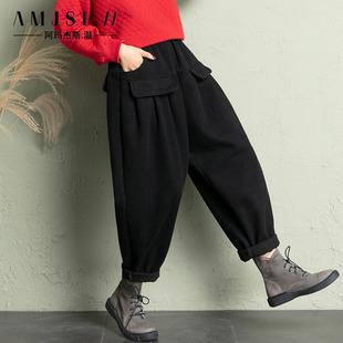 女宽松大码 纯棉加厚胖mm阔腿老爹裤 高腰萝卜裤 新款 冬季 加绒哈伦裤