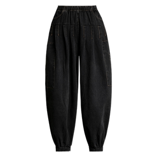 牛仔裤女阔腿九分大码高腰显瘦灯笼裤春秋新款宽松哈伦裤胖mm束脚