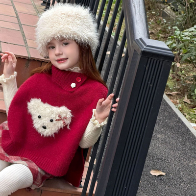 女童红色斗篷圣诞冬季披肩针织衫
