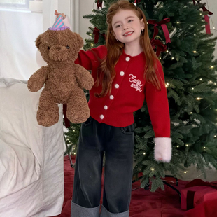 上衣年服字母短款 女童红色针织开衫 小女孩长袖 新款 设计师毛衣 冬季