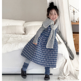 长裙小女孩无袖 韩版 背心裙洋气 加厚宝宝中长款 女童格子连衣裙冬季