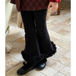 女童花边裤 韩版 子2025冬季 宝宝长裤 百搭潮 新款 儿童加绒弹力喇叭裤