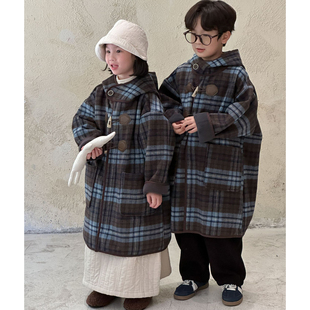 新款 女童大衣毛呢儿童外套格子连帽一体绒中长款 休闲男童棉衣冬季