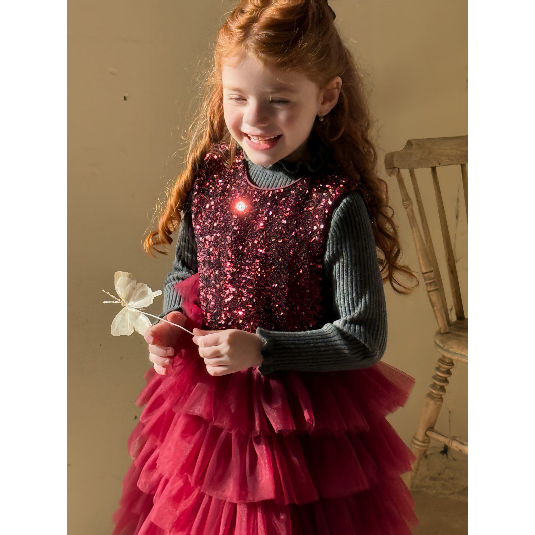 女童网纱公主背心裙蓬蓬裙红色冬