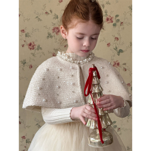 女童钉珠斗篷宝宝披肩冬季 小女孩两件套生日公主裙针织网纱裙 新款