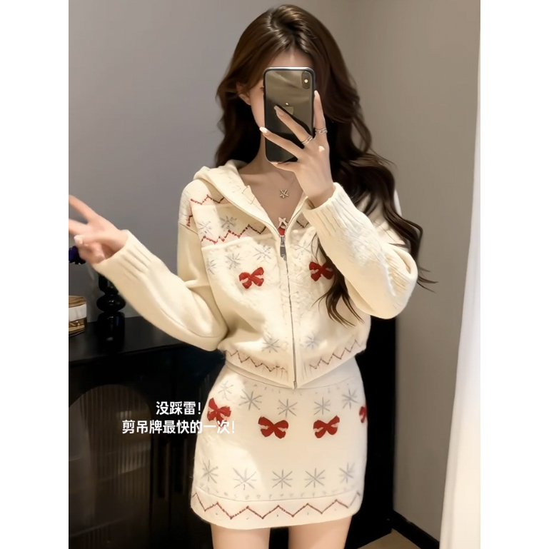 韩系早秋针织套装女慵懒风蝴蝶结提花连帽上衣半身裙两件套千金感