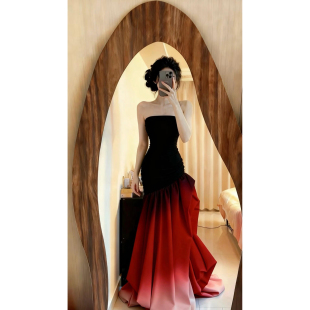 性感收腰遮肉显瘦包臀连衣裙优雅大气新娘订婚高端黑红色晚礼服