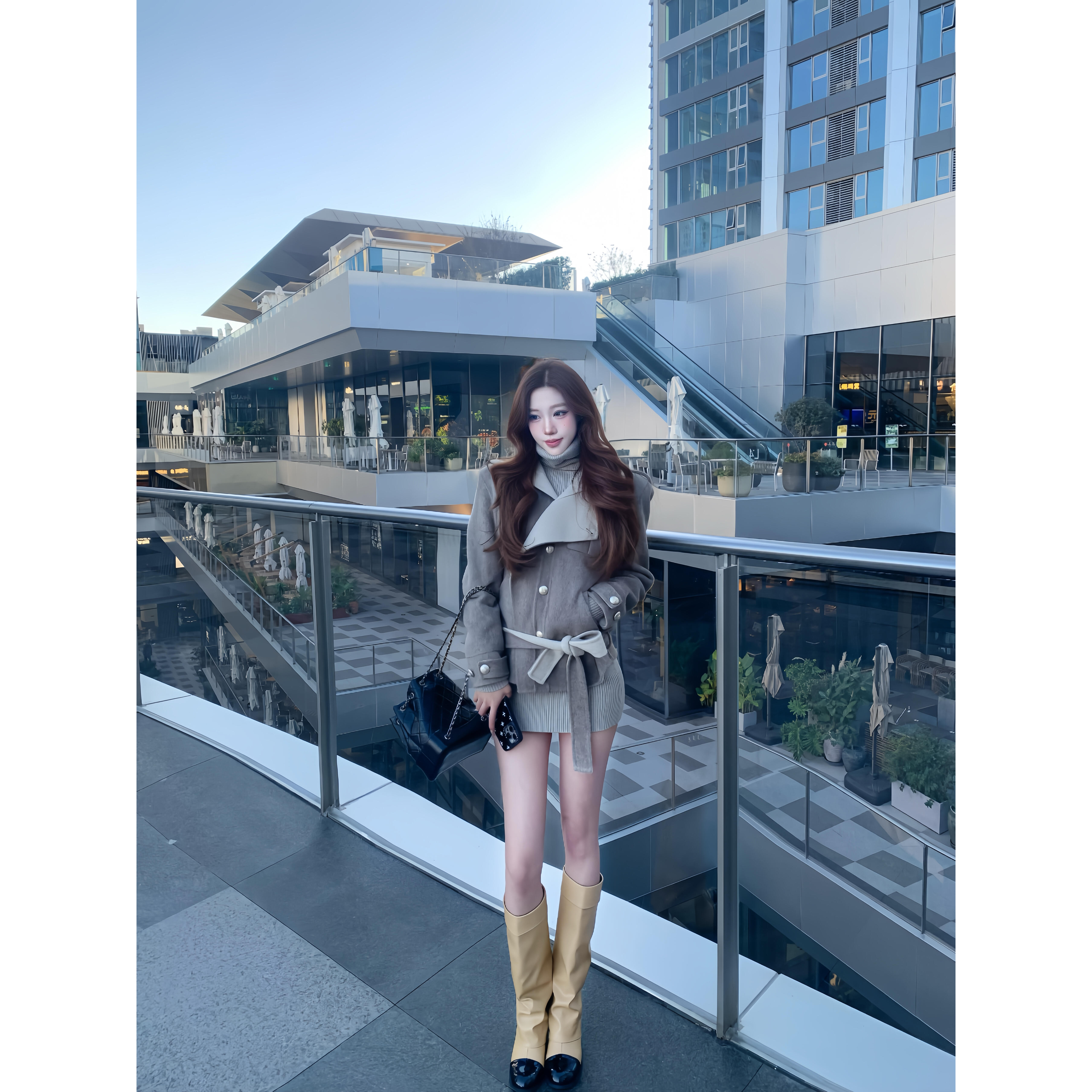 复古毛呢外套女中长款翻领系带收腰大衣慵懒风灰色风衣英伦风气质