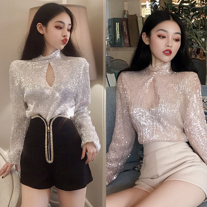 春季新款时尚舞台表演重工亮片闪闪BLING镂空气质长袖T恤上衣女潮,女装/女士精品,时尚套装,淘宝优惠券,粉丝福利购,淘宝优惠卷