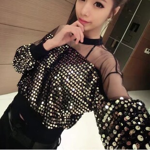 韩版透视性感蕾丝女装亮片闪闪网纱拼接长袖上衣女修身显瘦打底衫