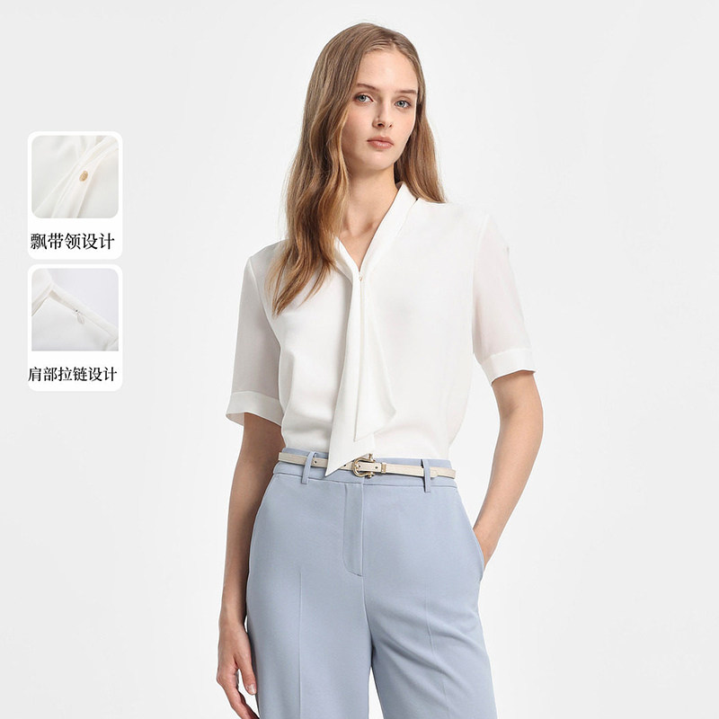 AISCOFIELD女装气质通勤职业飘带领丝滑雪纺短袖衬衫2026夏季新品