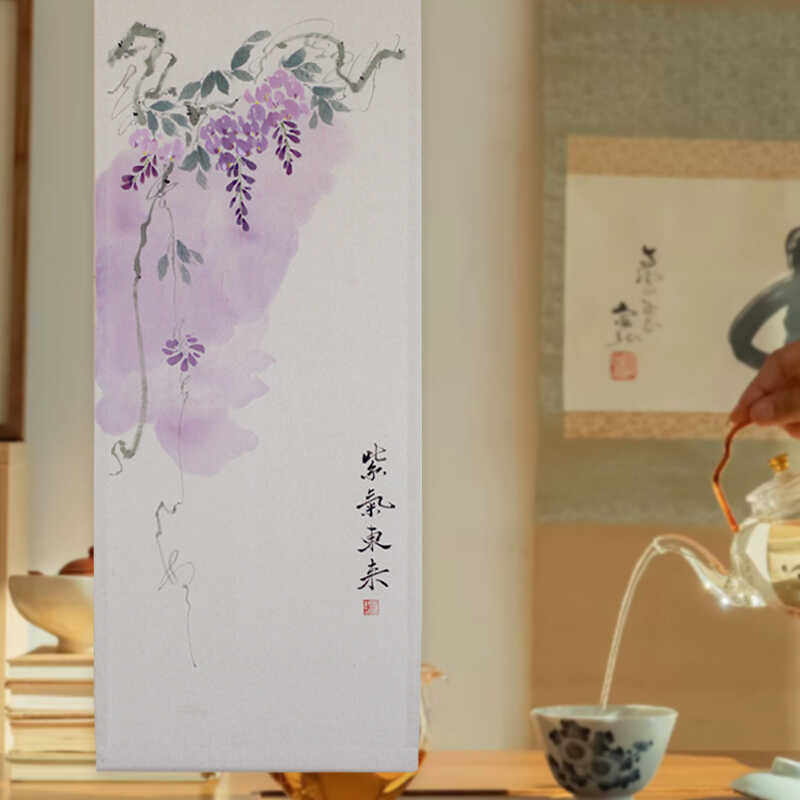 画意新中式定制中国风布艺紫藤门帘隔断帘帘挂帘半帘免打孔