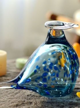 帽檐星空蓝点点手工玻璃小鸟摆件