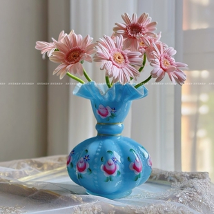 绝美手绘花鸟虫芬顿瓜六角形手工玻璃花瓶水养插花器家居装饰摆件