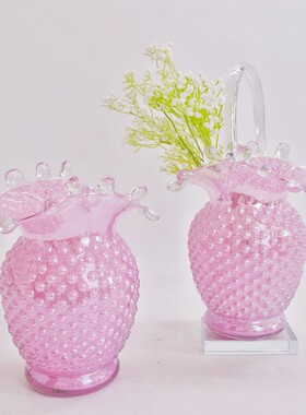 中古vintage芬顿花边褶皱单耳花壶提篮湖蓝色玻璃花瓶水养插花器