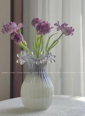 星黛露紫色渐变白瓷浪花水滴口竖纹纯手工玻璃花瓶水养插花器摆件