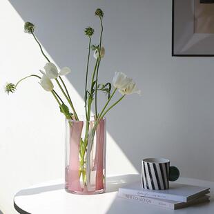 粉白色条纹百搭直筒透明玻璃香薰烛台冬青花瓶花器蝴蝶兰蕨类套盆