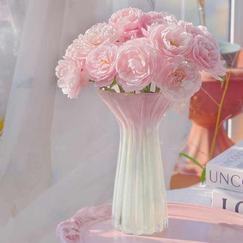 粉白渐变色喇叭口纯手工玻璃花瓶