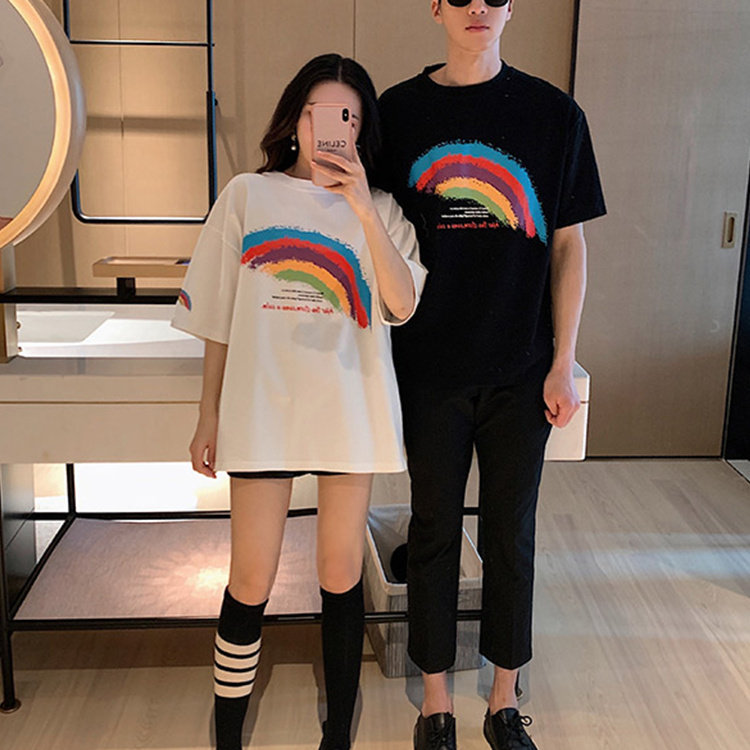阿姐家大麦 自制情侣装夏装爆款韩版套头彩虹短袖T恤女AJ12153