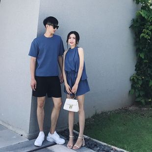 情侣套装2018夏季新款无袖露肩挂脖吊带背心阔腿短裤两件套女短袖