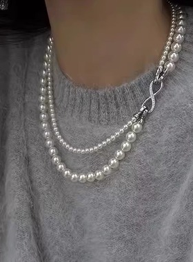 双层叠戴施家珍珠项链女8字扣毛衣链秋冬高档轻奢小众饰品可拆分