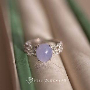 MissQueeny其微|18k金冰紫翡翠蛋面蕾丝钻石戒指气质高级感